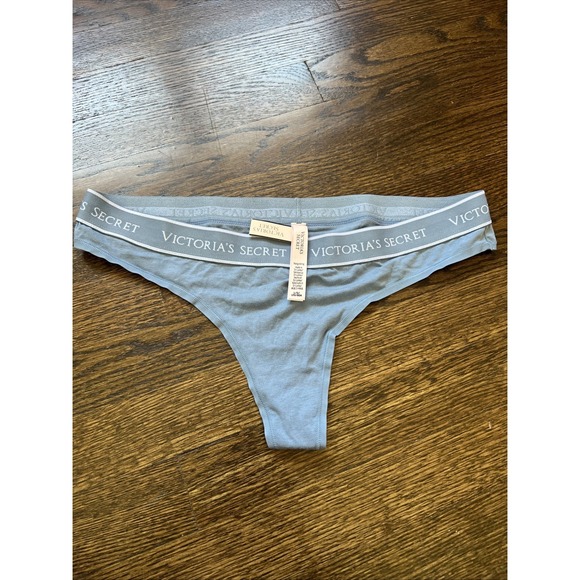 Victoria's Secret Logo Cotton Thong Panty Blue Size Large NWT - Picture 1 of 3